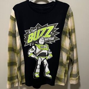 Upcycled Buzz Lightyear Plaid Sleeve Shirt